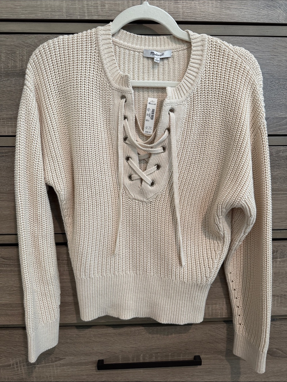Madewell Cream Lace-Up Scoop Neck Sweater